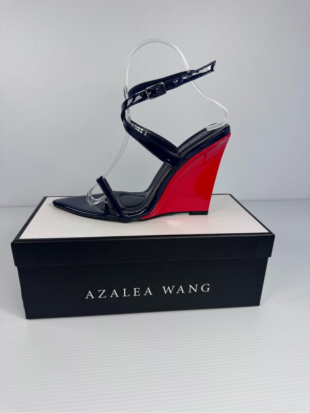 Azalea Wang Seung Navy Multi Patent Wedge Heels | Strappy Pointed Toe Sz 6 - 7.5